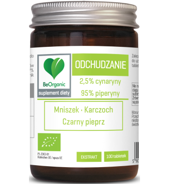 TABLETKI WSPOMAGAJĄCE ODCHUDZANIE (MNISZEK, KARCZOCH, CZARNY PIEPRZ) BIO 100 szt. - BE ORGANIC
