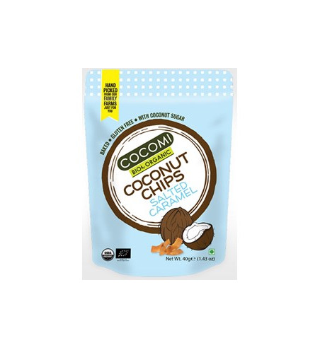 CHIPSY KOKOSOWE O SMAKU KARMELOWYM Z SOLĄ PRAŻONE BEZGLUTENOWE BIO 40 g - COCOMI